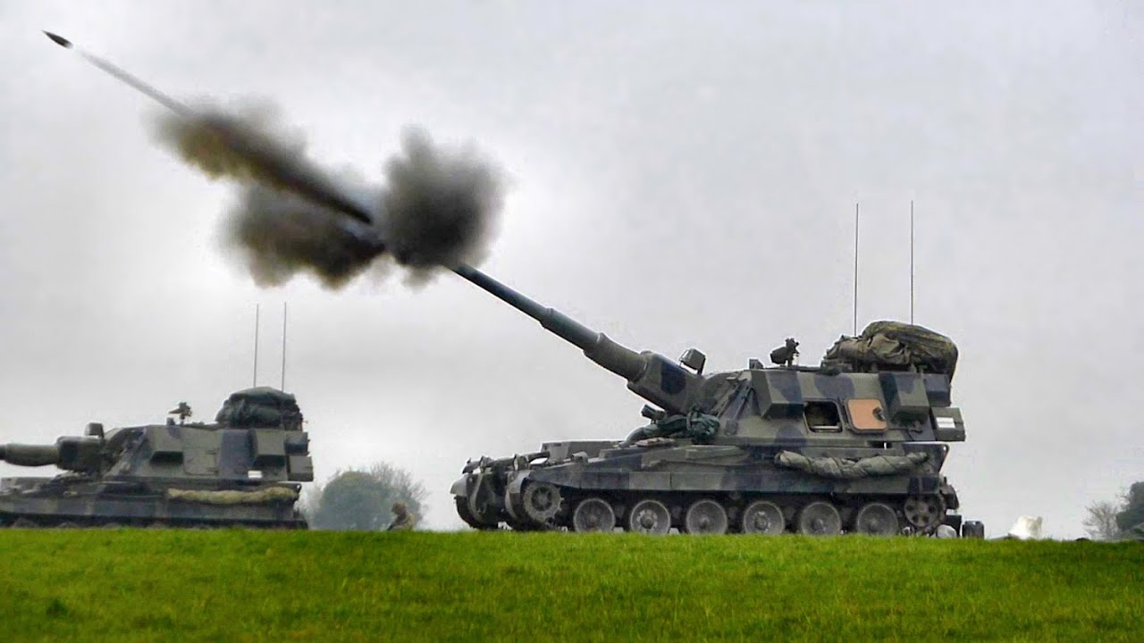 British Army Guns in Action - AS90 Mobile Artillery firing