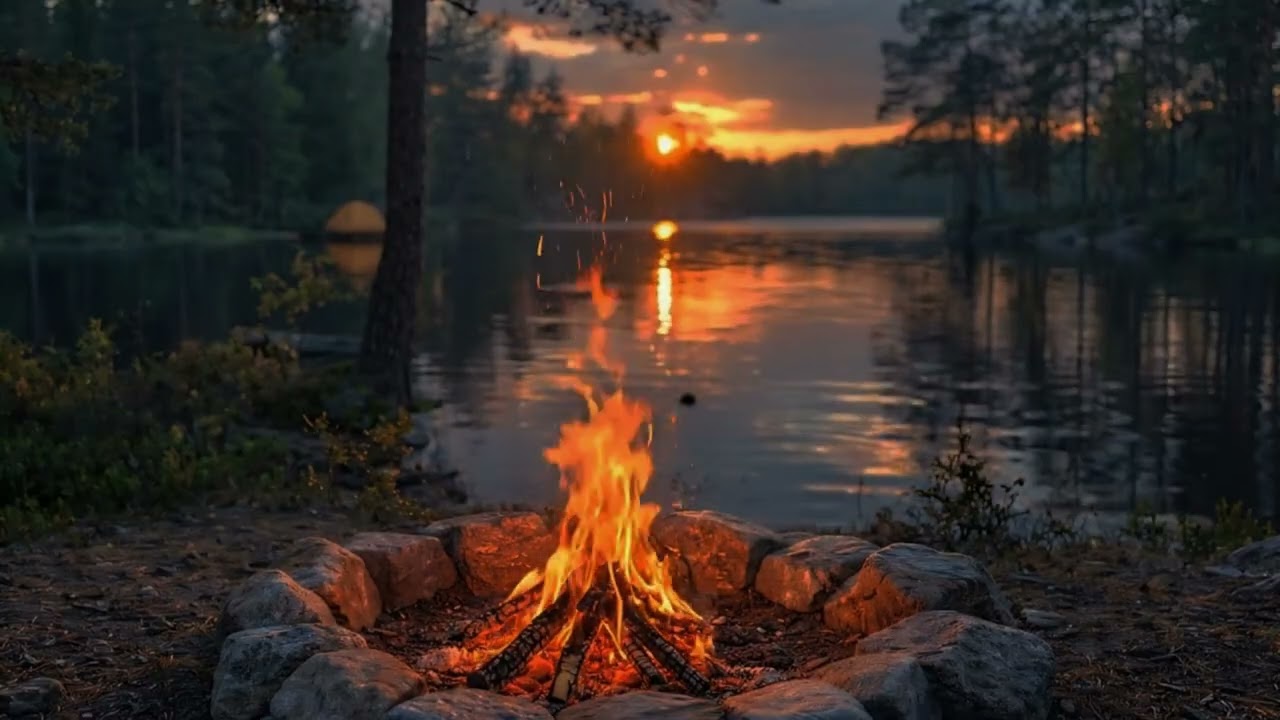 4K Bonfire by the river at sunset Костёр у реки на закате дня 4K