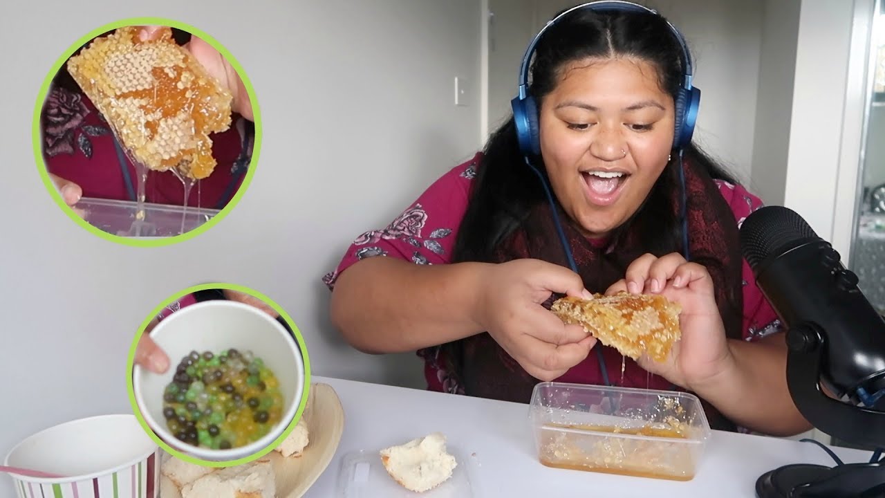 I TRIED ASMR....Eating Raw Honeycomb & Boba balls! (FIRST TIME)