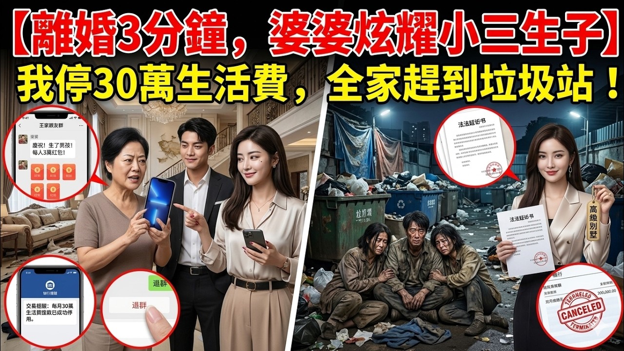 離婚3分鐘，婆婆在家族群炫耀，每人3萬紅包，慶祝小三生男孩，我冷笑退群，停掉婆家每月30萬生活費，賣掉別墅，當晚婆家全員被趕到垃圾站，瘋了！#情感故事#故事#小說#婚姻#家族恩怨
