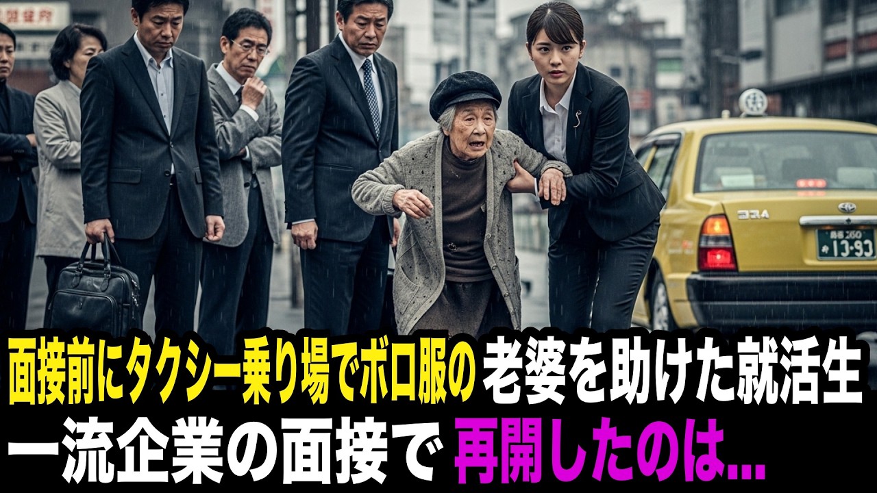 雨のタクシー乗り場で邪魔者扱いされたボロ服のお婆さんを助けた就活生。数時間後、超一流企業の面接会場でお婆さんと再会した結果