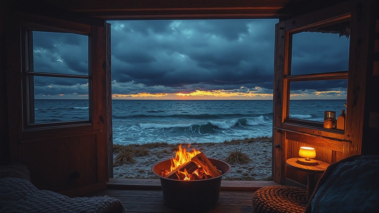 Relaxing ASM Ocean Waves crashing on Beach, Warm Fire Pit & Tranquil Music