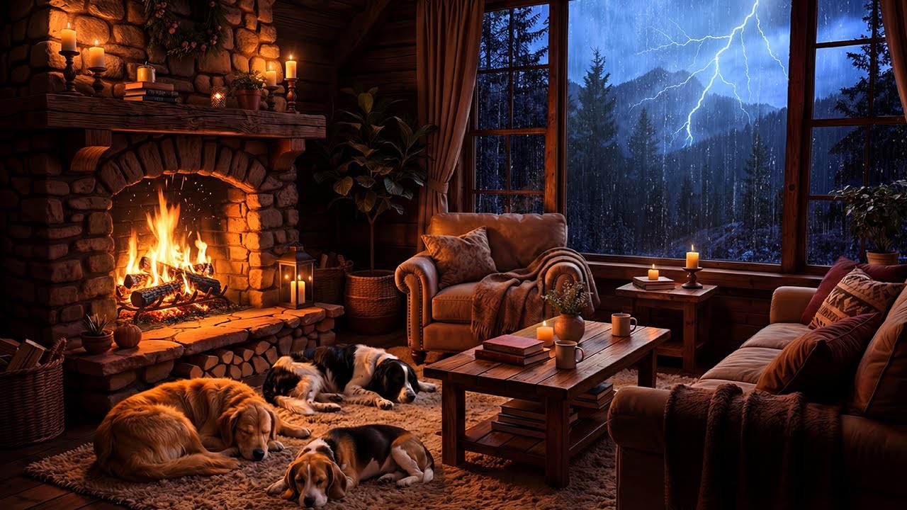 Сильный дождь и звуки ⚡ грома спят собаки в тёплой хижине 🏠