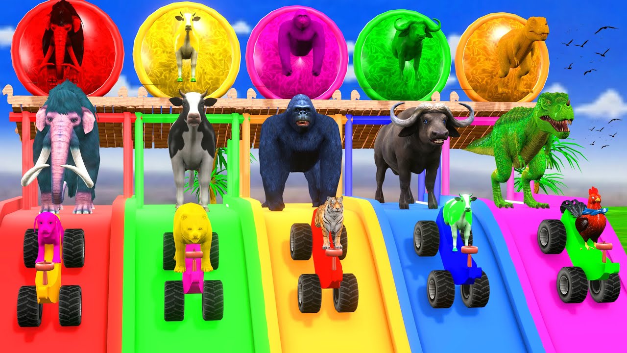 Paint & Animals Cow,Gorilla,Elephant,Lion,Tiger,Dinosaur, Fountain Crossing Transformation Cartoon