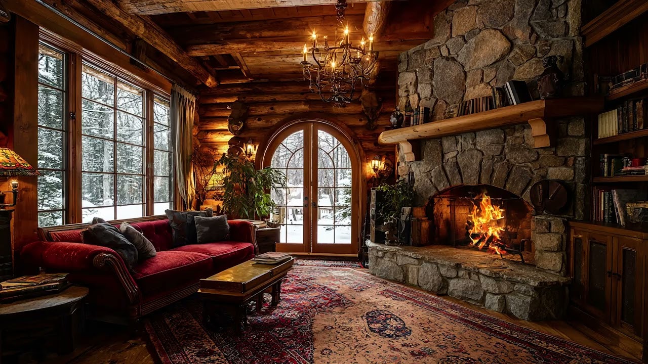 Quiet Winter Wind and Snow Outside | Soft Fireplace Sounds in a Warm Cabin