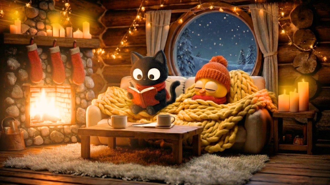 Cozy Snowy Cabin Night ❄️ Warm Fireplace Lofi Jazz for Study
