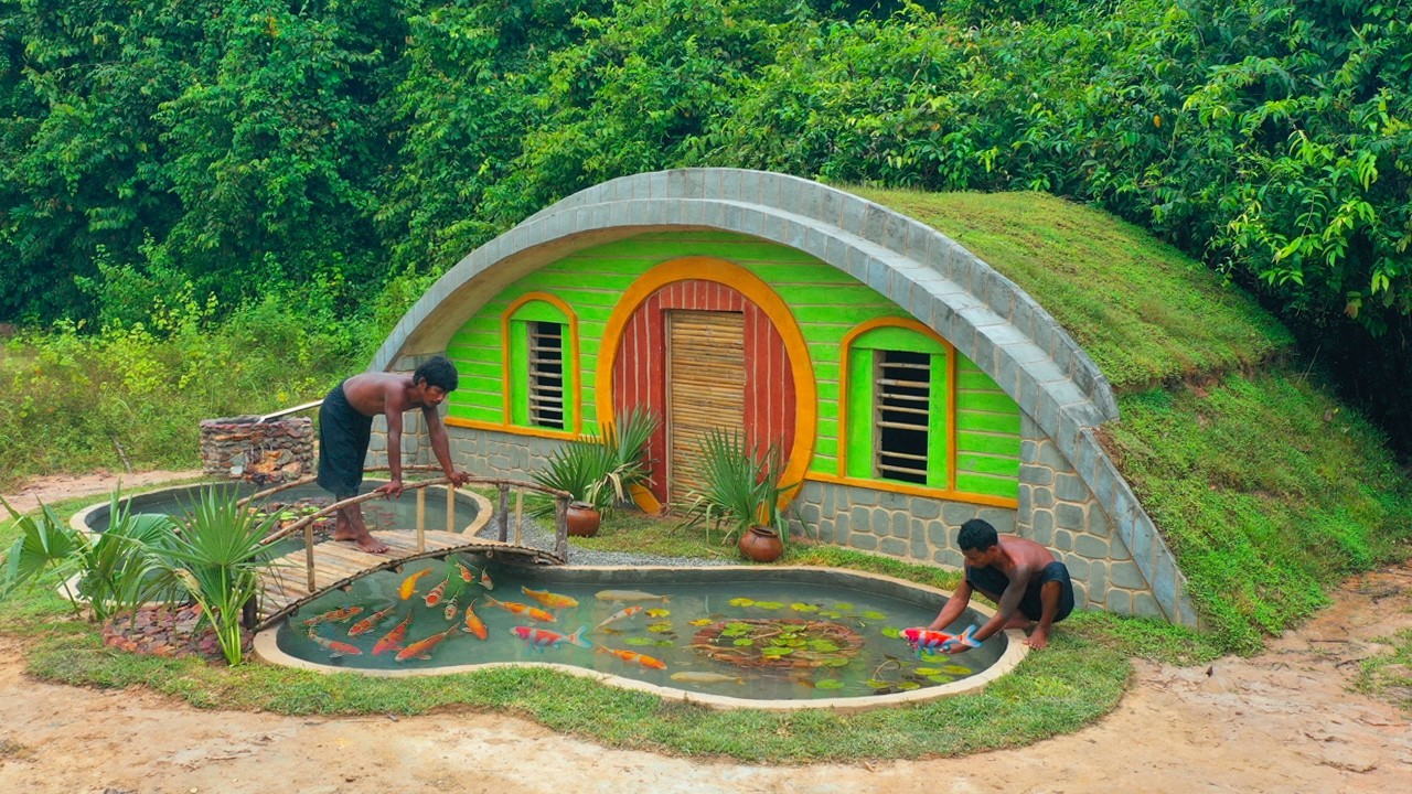 65 Days Build The Most Amazing Underground Roof Grass Hobbit House With Fish Pond