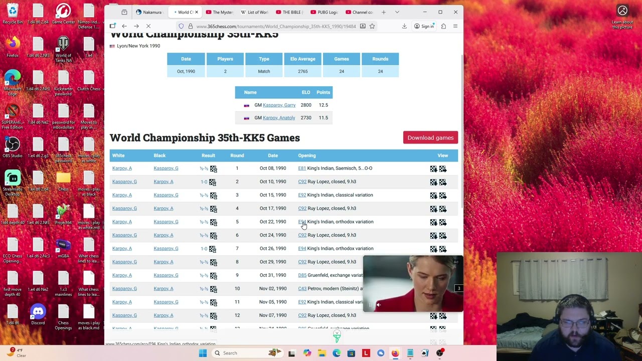 Seeing which chess openings were played in the 1990 World Chess Championship match!!