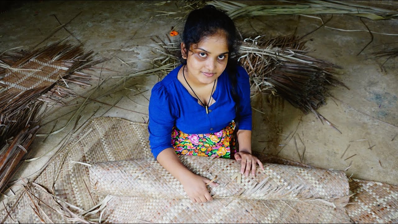 Weaving Coconut Leaf Traditional Mat Making A Pattern Using Talipot Palm Leaves