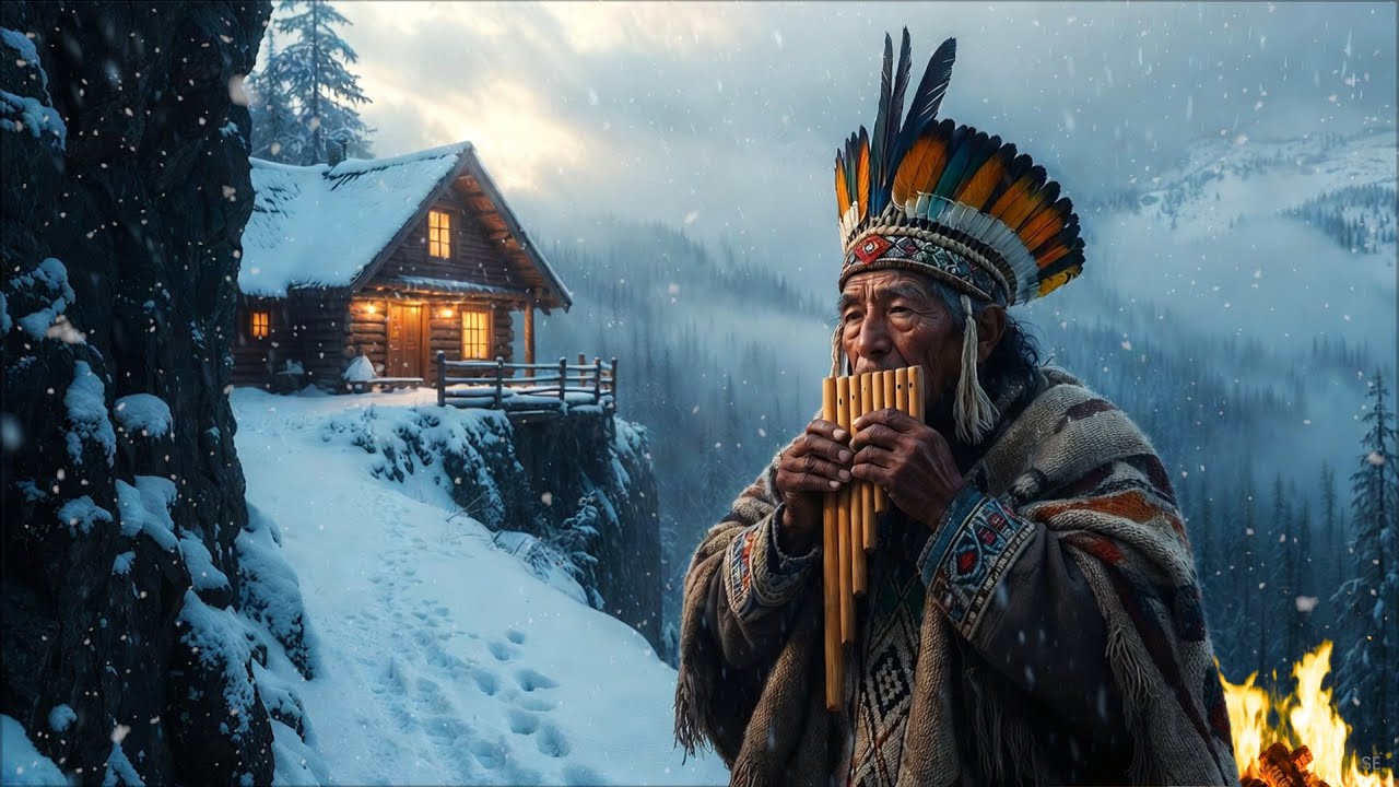 ❄️ Calm Winter Night Ambience ❄️ Soft Pan Flute Music, Falling Snow & Cozy Campfire for Deep Relax