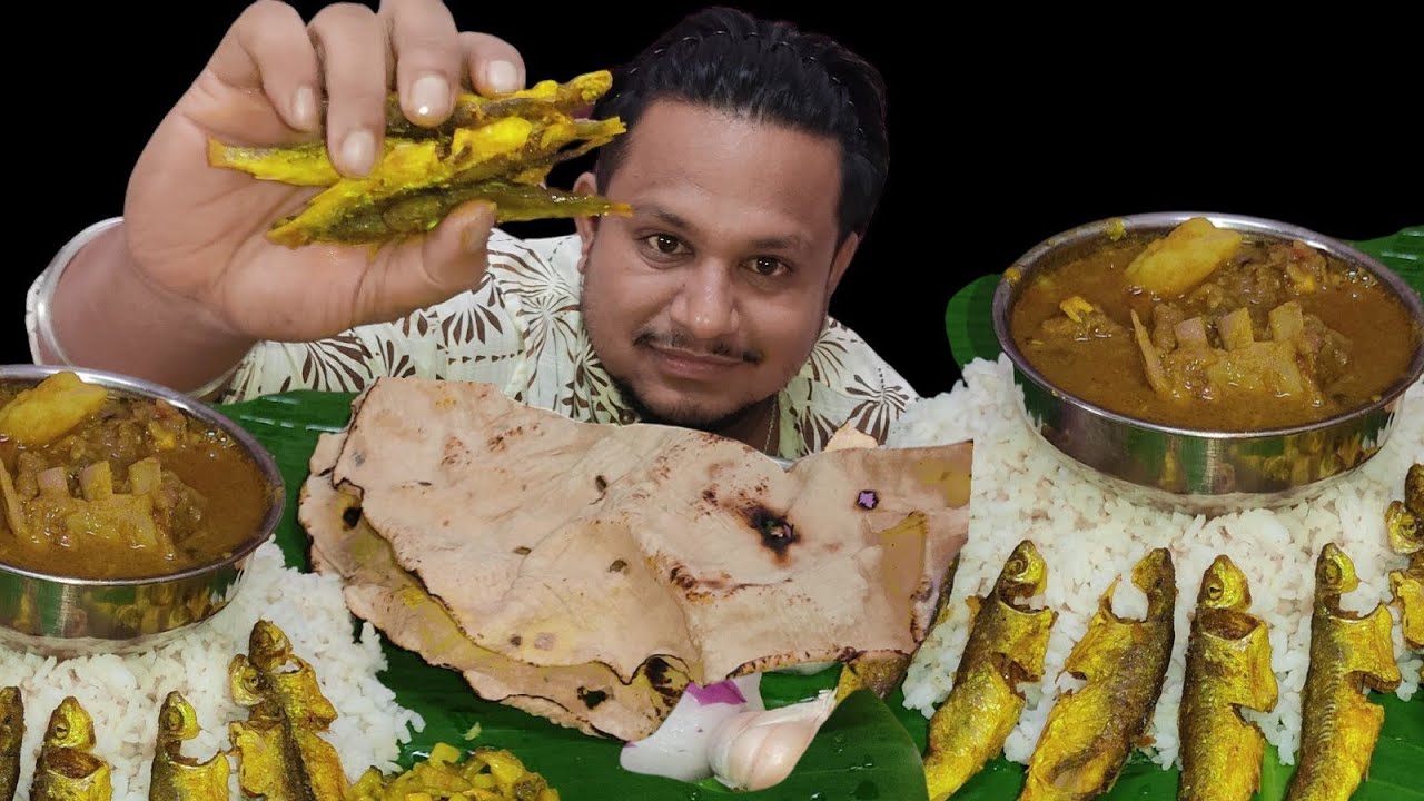 Mutton curry and fish fry with rice//ছাগলী মাংস আৰু মাছ ভাজা ভাতৰ লগত খালো 
