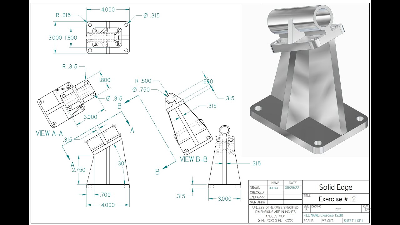 Solid Edge Tutorial - Inclined Bracket - Exercise 12