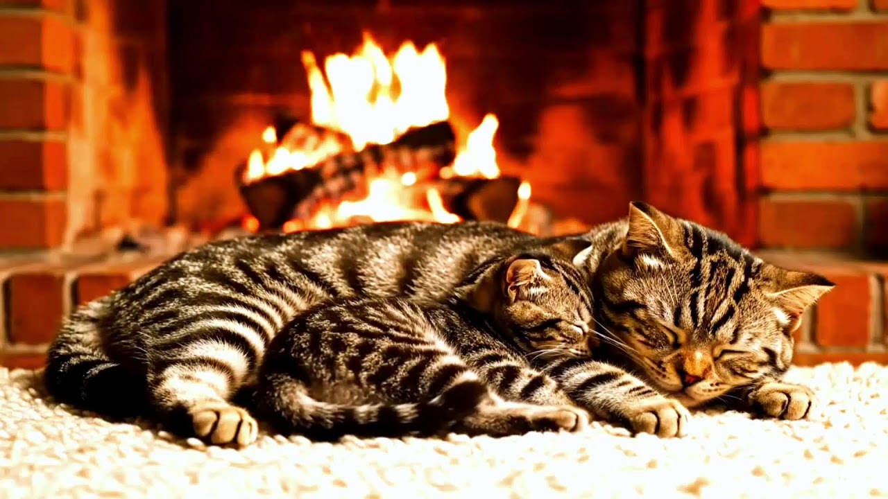 Cozy Fireplace Ambience with Sleeping Cats 🔥 Relax, Fall Asleep Fast with Purring Sounds