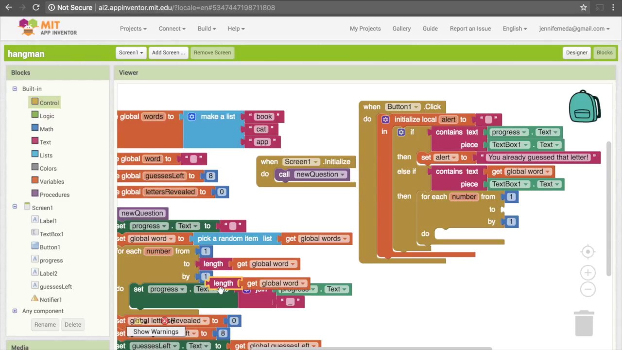 App Inventor Hangman Tutorial: Procedures and For Loops