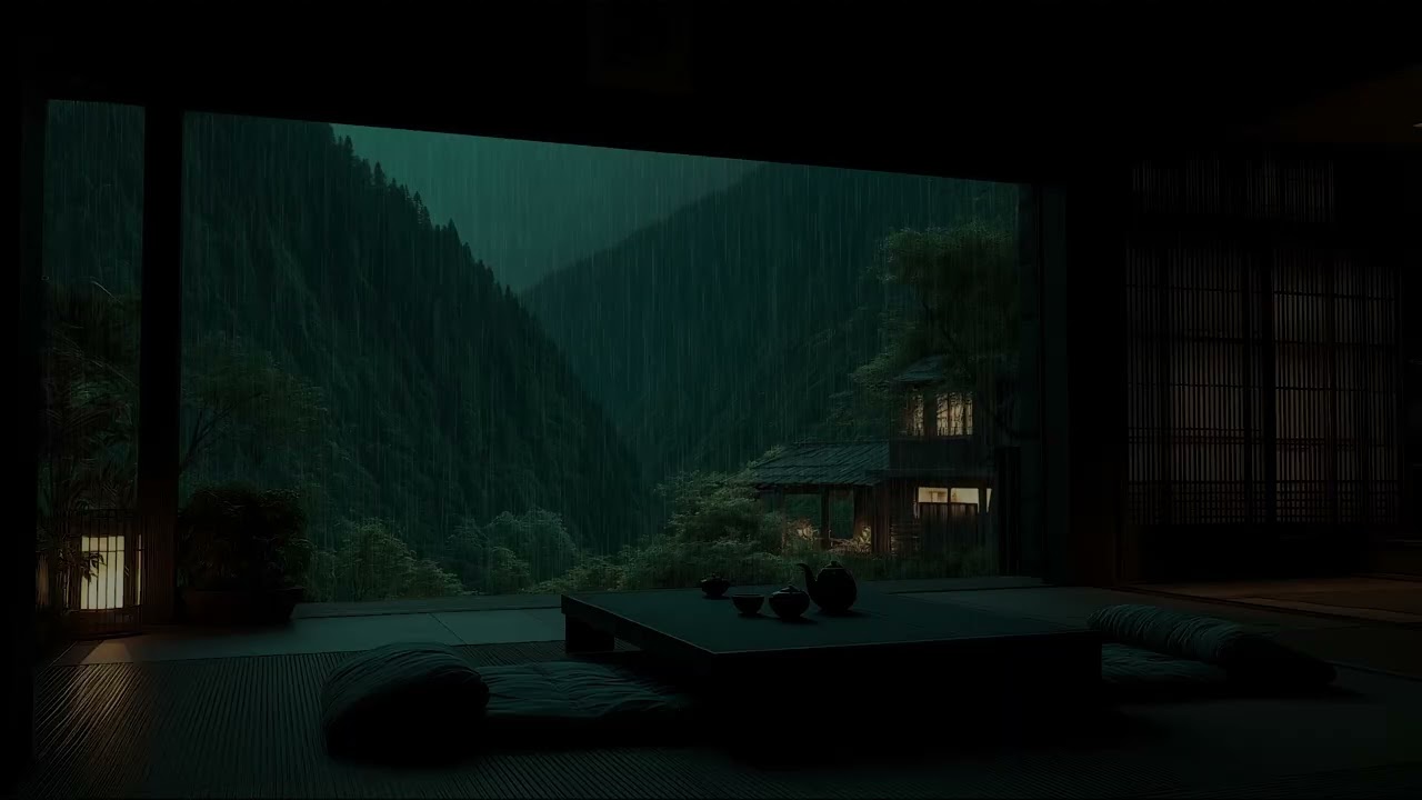 Cozy Rainy Evening Ambience in a Dark Bedroom Overlooking Nature for Rest and Meditation