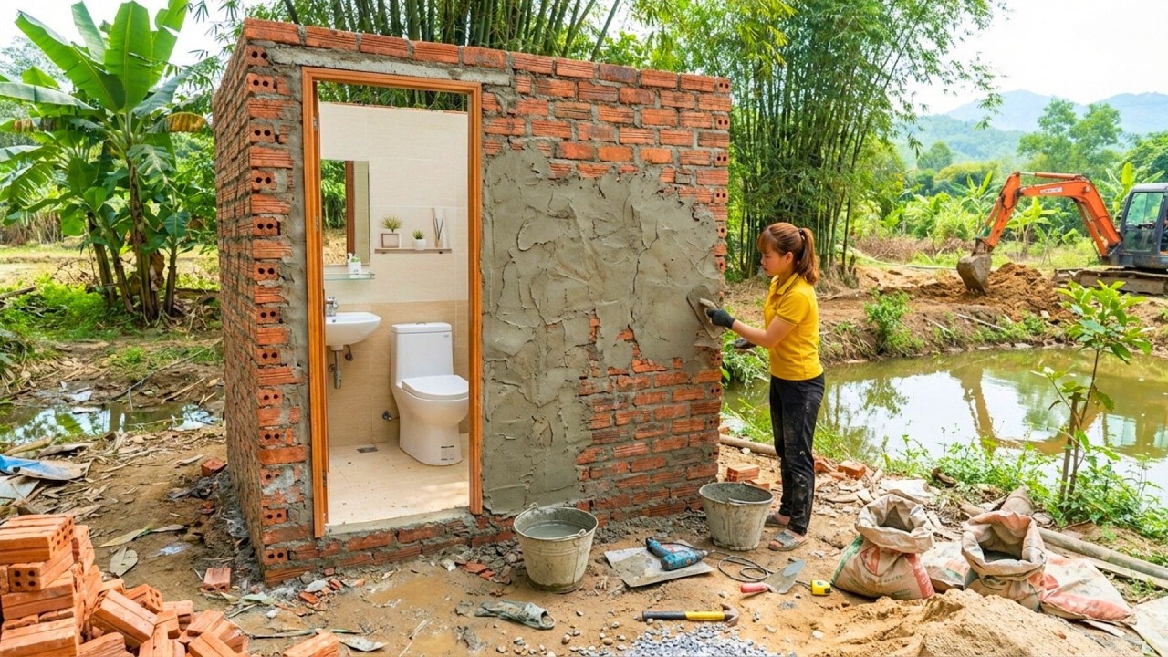 Building A Backyard Septic Toilet Using Bricks And Cement After Many Years Living In The Forest