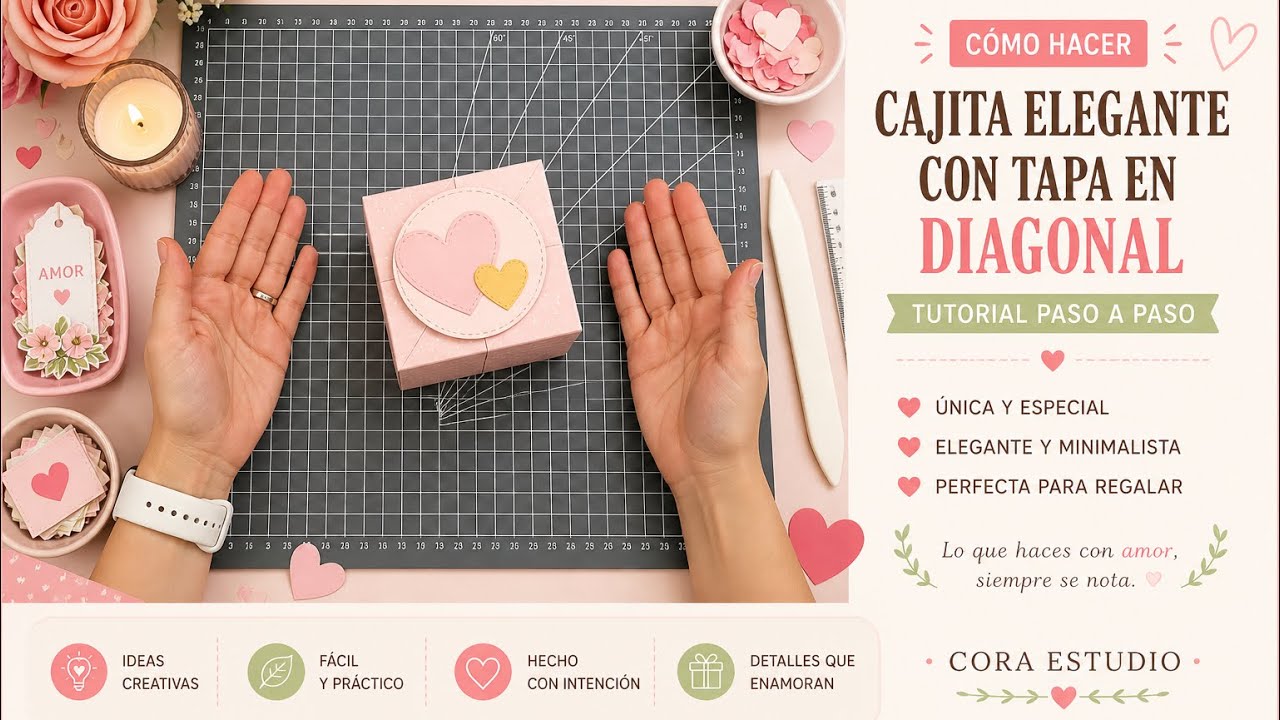 Cajita elegante de San Valentín ✨ Tapa diagonal paso a paso | Scrapbooking fácil y fino.