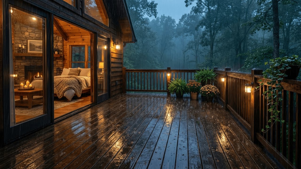 Heavy Rain on the Deck | Cozy Cabin Glow, Deep Relaxation & Sleep Ambience (8 Hours)