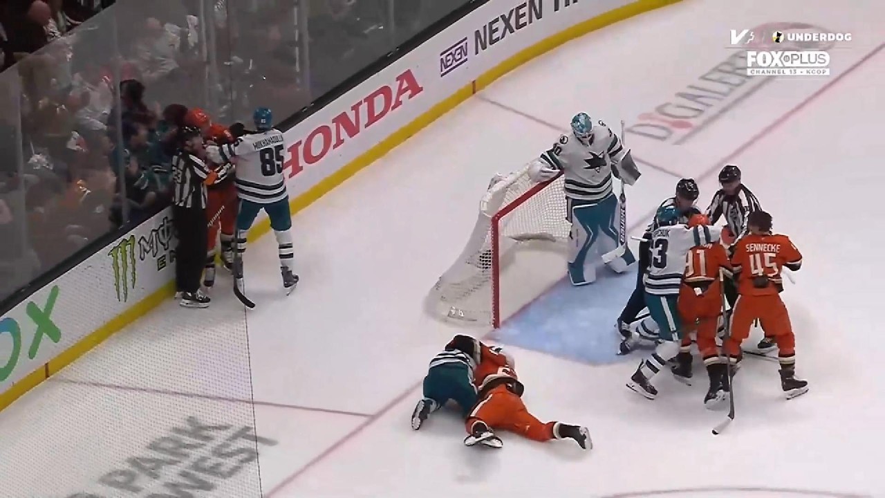 Sharks @ Ducks, 9th April 2026 - Kiefer Sherwood fires off a couple of shots at Beckett Sennecke
