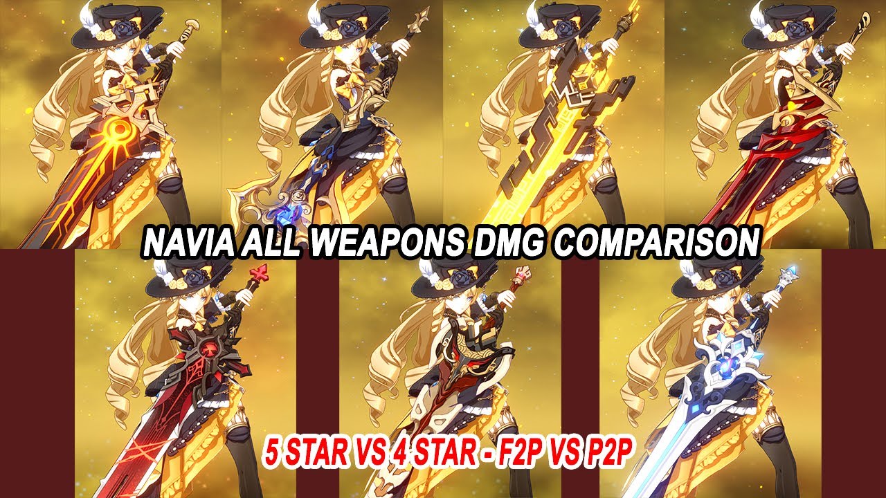 Navia C0 All Weapons DMG Comparison : 5 Star vs 4 Star - F2P vs P2P vs Low Spend Weapon