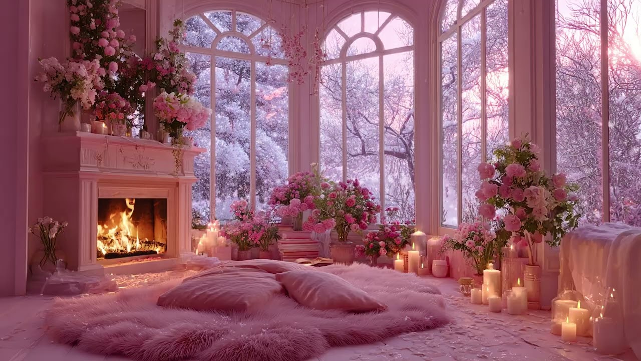Still Winter Wind and Snow Outside the Wooden Cabin | Fireplace Crackling Sounds for Peaceful Nights