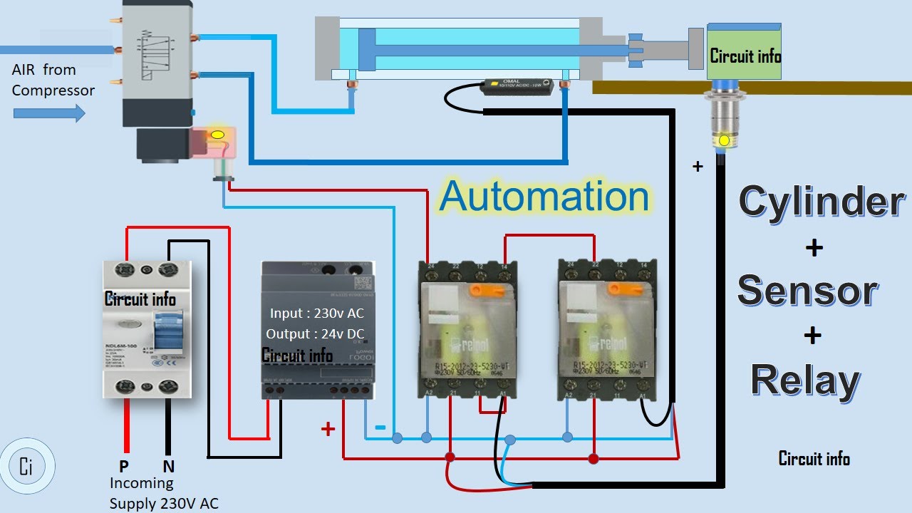 Automation / Pneumatic Cylinder  with Sensor and Relay / Reed Switch/8 Pin relay/wiring/Circuit