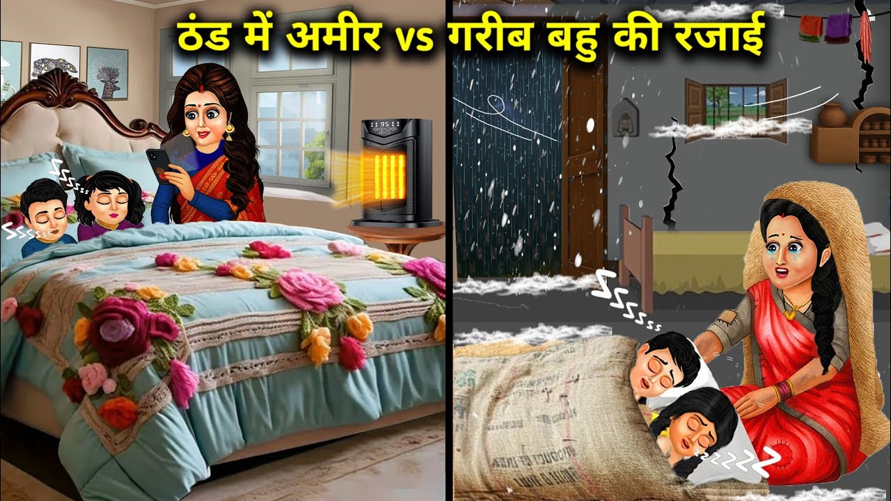 ठंड में अमीर vs गरीब बहू की रजाई||Cartoon videos||rich versus poor daughter in law quilt in cold..!
