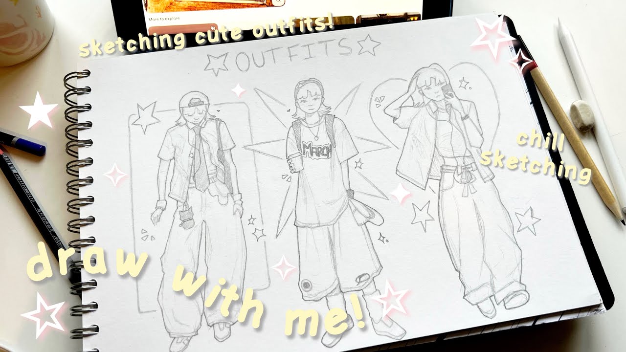 draw with me ☆ sketching cute pinterest girls in cute outfits 🍥