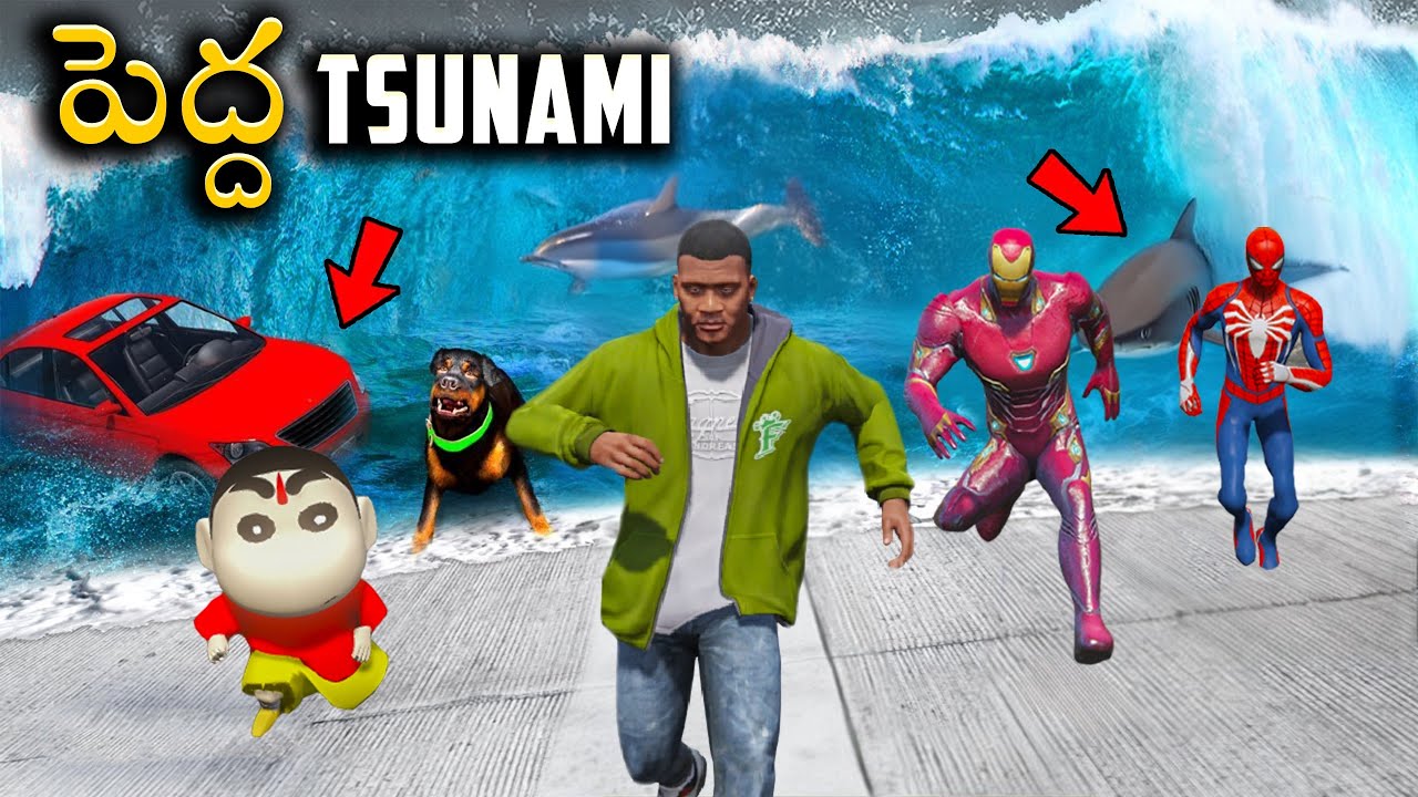 Biggest Tsunami Attack on Avengers and Franklin & Shin Chan in GTA 5 in Telugu #gta5