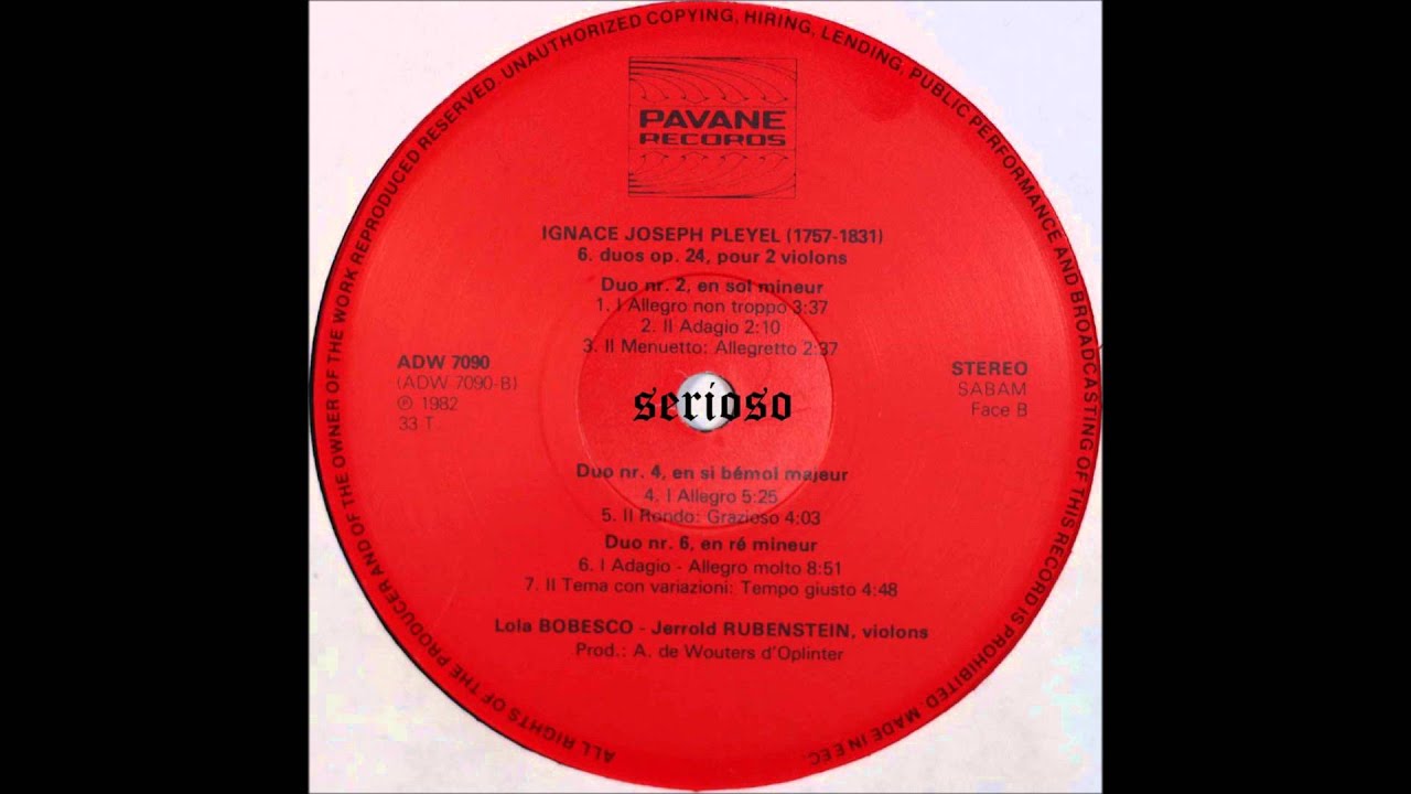 Ignace Pleyel, 6 duos op 24 pour 2 violons, side 2, Lola Bobesco, Jerrold Rubenstein, violins