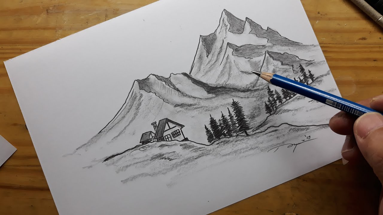 Cara Menggambar | Menggambar pemandangan pegunungan menggunakan pensil dengan mudah