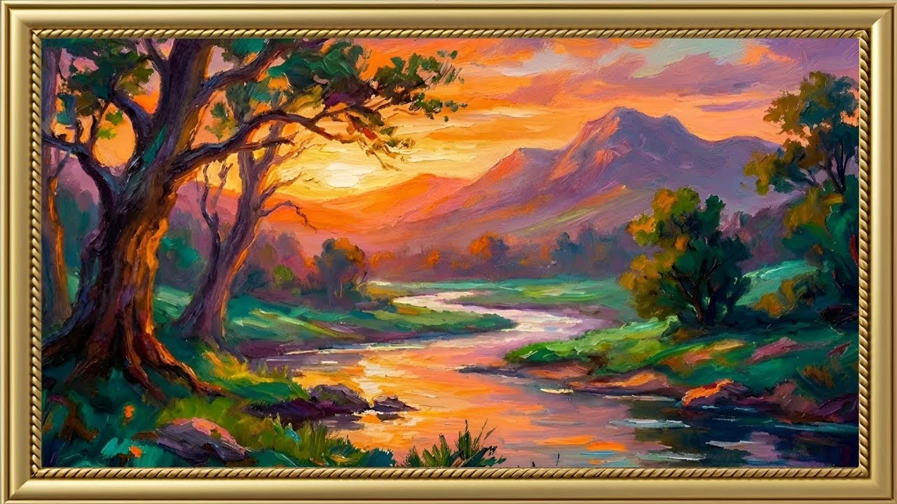 Impasto Landscape Art 4K | Golden Sunset River | Colorful Oil Painting for Frame TV