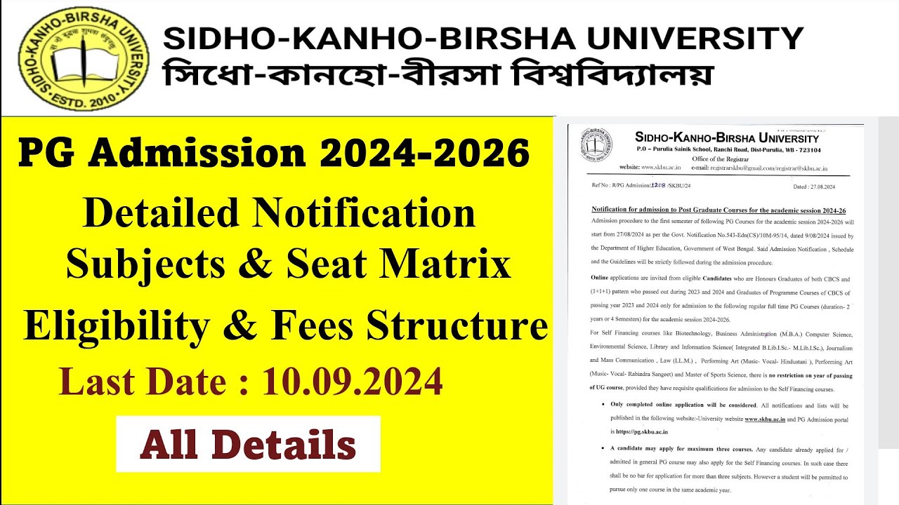 Sidho-Kanho-Birsha PG Admission Notification 2024-2026 // Detailed Notification