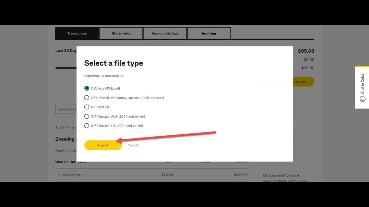 Export Bank Account Transactions to CSV file