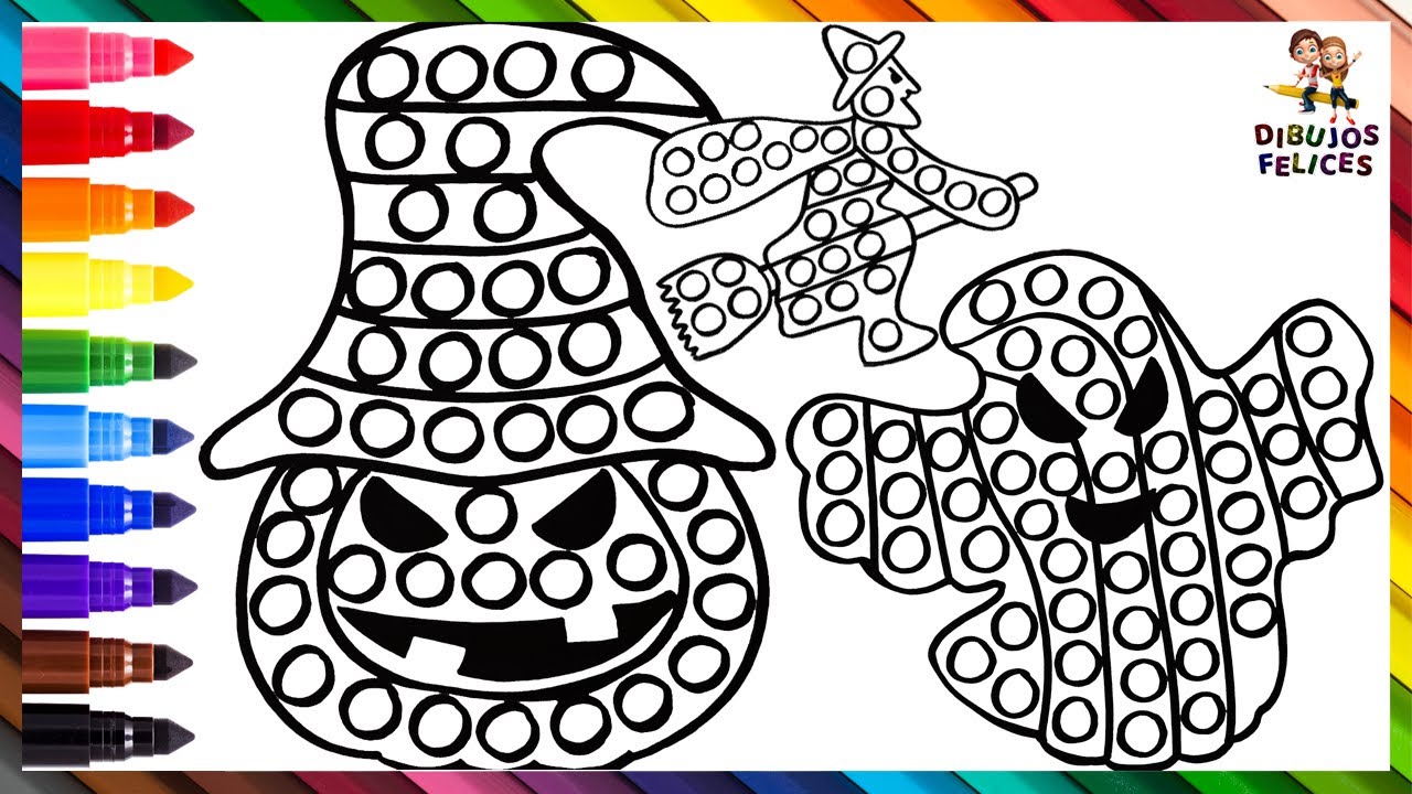 Dibuja y Colorea 3 HALLOWEEN POP ITS: Calabaza, Bruja, Fantasma 🧙‍♀️🎃👻🔴🟠🟡🟢🔵🟣🌈 Dibujos Para Niños