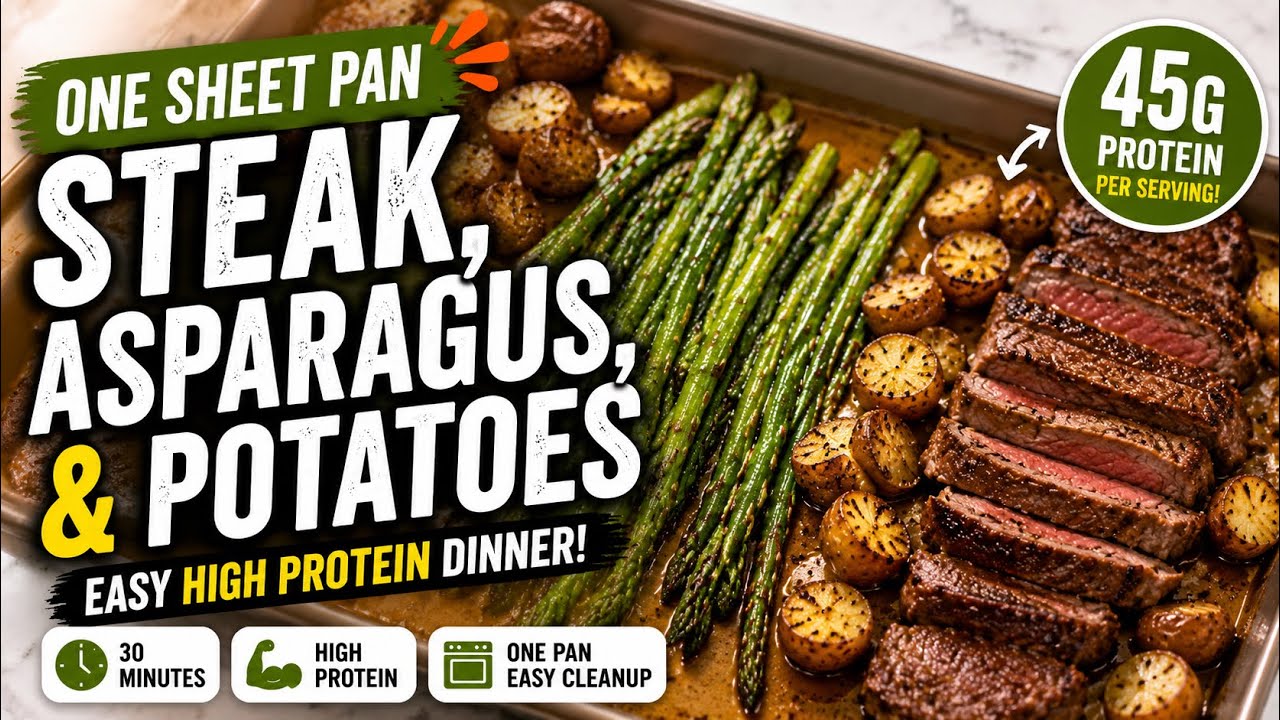 One Sheet Pan Steak Potatoes & Asparagus Homemade Chimichurri Recipe I High Protein Easy Dinners