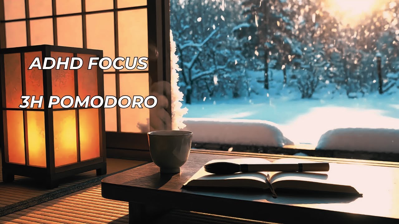 3 HOURS Zen Focus Piano – Cozy Winter Workspace | ADHD Study Ambience