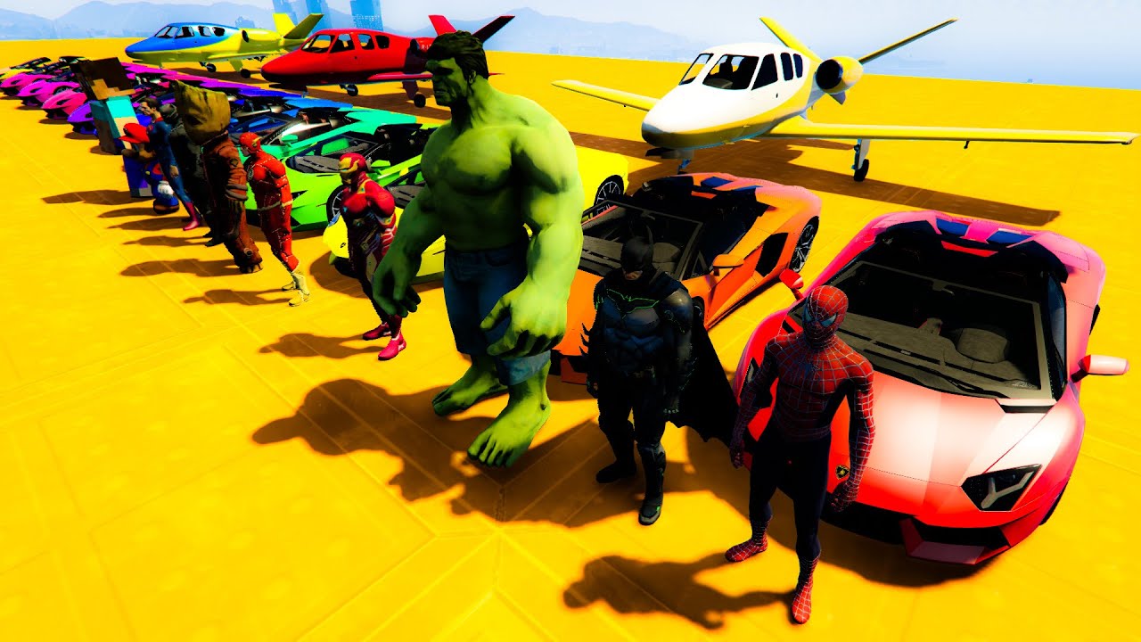 GTA V Stunt Map Race with spiderman ironman batman superman ! epic games super heroes and cars here!