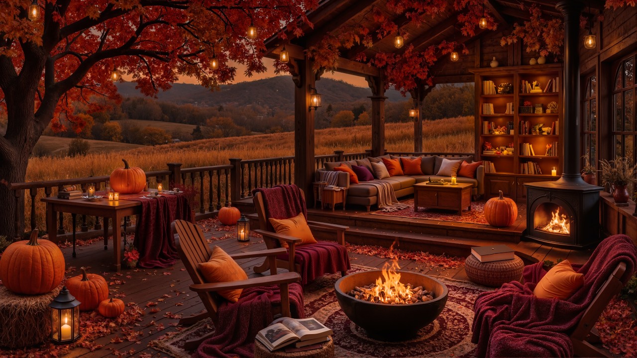 Soft Jazz on a Fall Farm Porch 🎃 | Crackling Fireplace, Pumpkin Glow & Peaceful Night