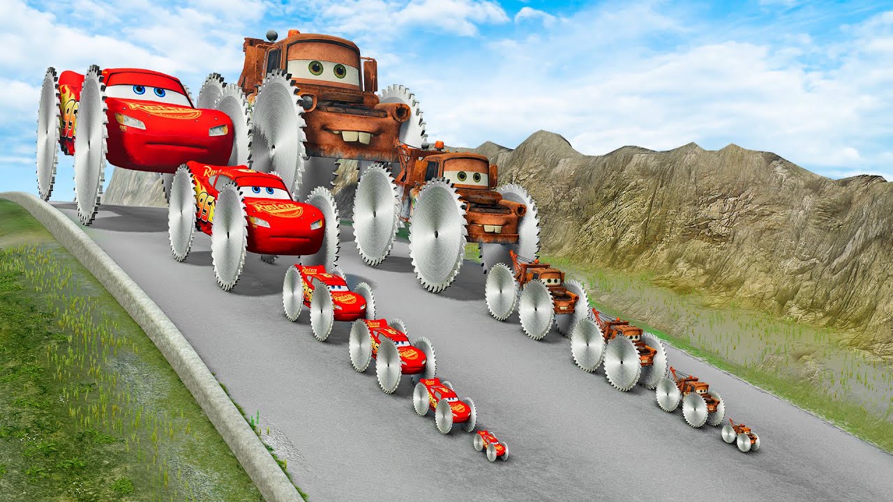 Big & Small Tow Mater with Monster Saw wheels vs Mcqueen with Monster Saw wheels vs DOWN OF DEATH