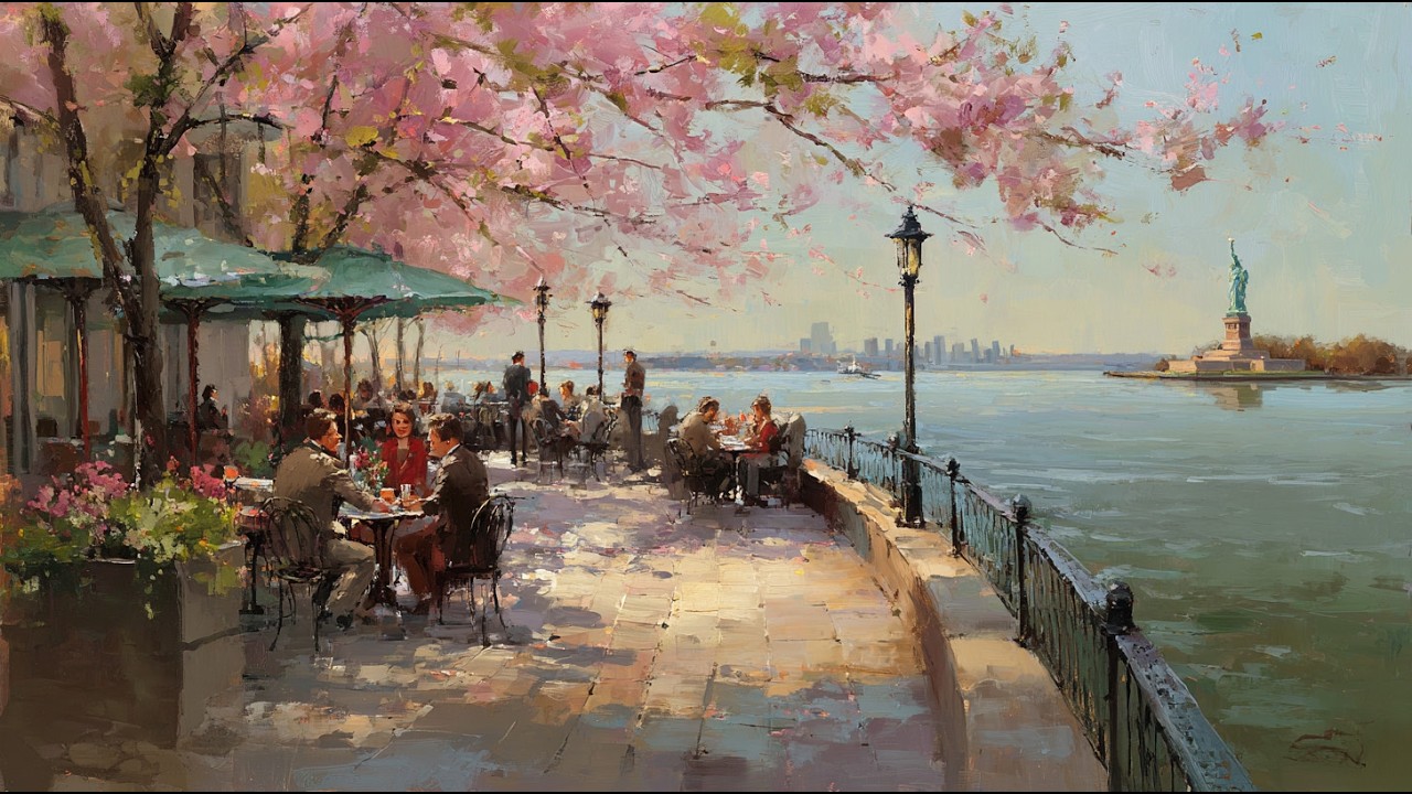 𝐒𝐩𝐫𝐢𝐧𝐠 𝐢𝐧 𝐍𝐞𝐰 𝐘𝐨𝐫𝐤 🌸 Relaxing Jazz Café by the Harbor — Beautiful Cherry Blossom View | Study, Work