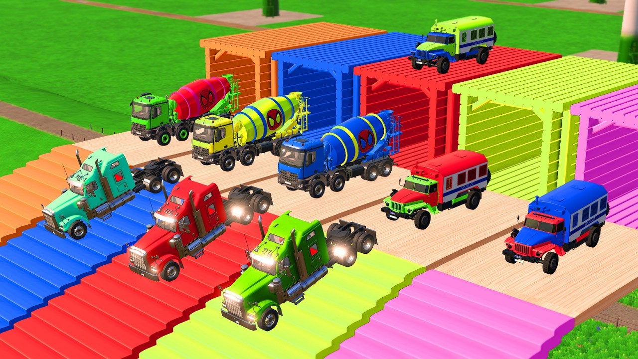 TRANSPORTING POLICE CARS, AMBULANCE, FIRE TRUCK, COLORFUL CARS WITH TRUCK -FARMING SIMULATOR 22!