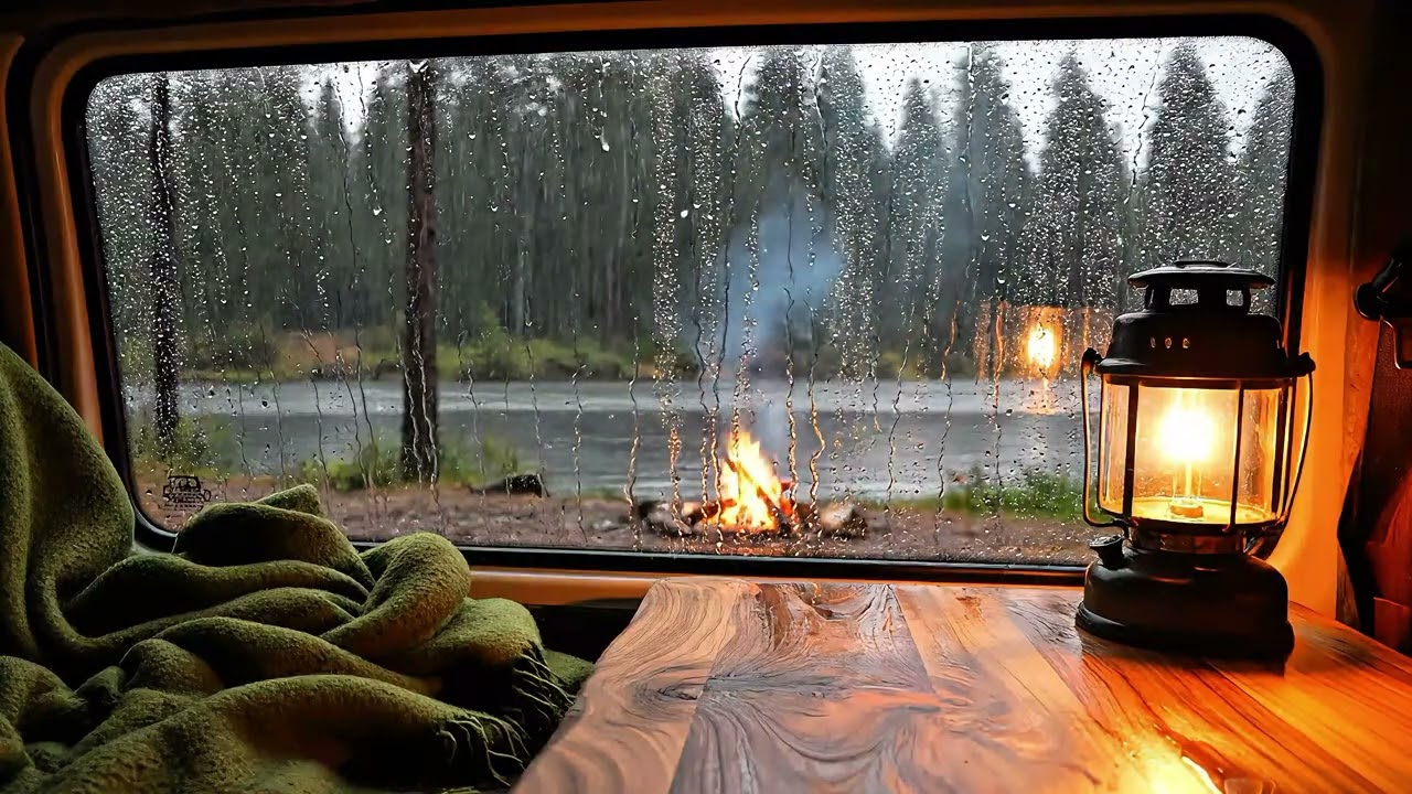 🌧️Rain Sounds for Sleeping Inside Cozy Camper Van | Heavy Rain & Campfire Ambience | 10