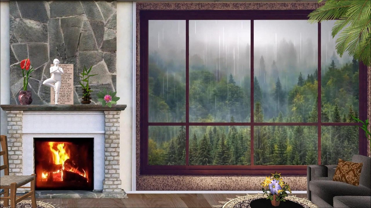 Rain Falling Outside the Window | Cozy Fireplace Ambience