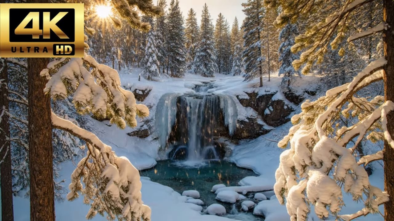 Winter Waterfall Ambience ❄️ 1 Hour Water Sounds in a Snowy Forest | 4K Sleep, Study & Meditation