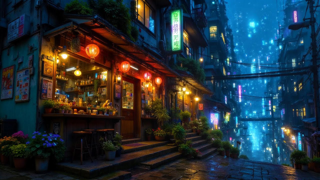 Lofi Ambient – Cozy Shop in Cyberpunk City Rain | Sleep, Study, Focus | 4K