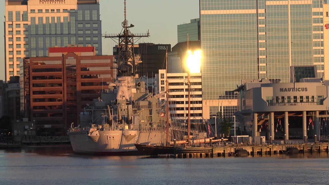 USA Virginia - city views of Norfolk with MacArthur Memorial and USS Wisconsin Warship
