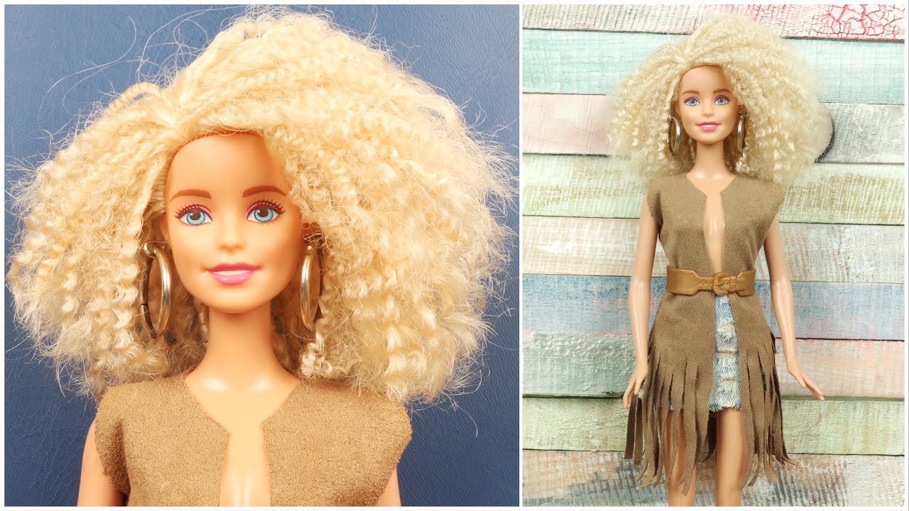 DIY BARBIE HAIRSTYLES & CLOTHES, How to Make Curly Doll Hair, Deep V Neck Top and Miniature Earrings