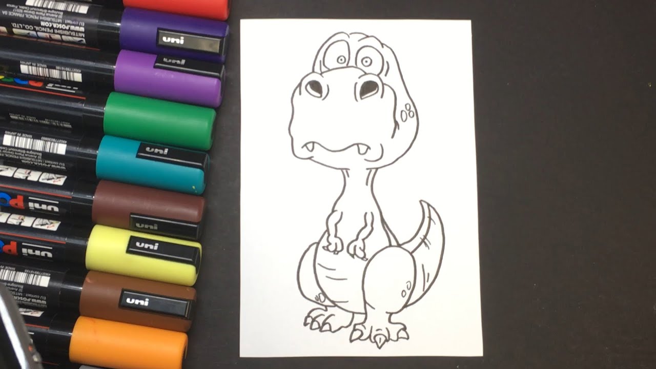 Easy Drawing Coloring cute T-Rex DINOSAUR with color markers