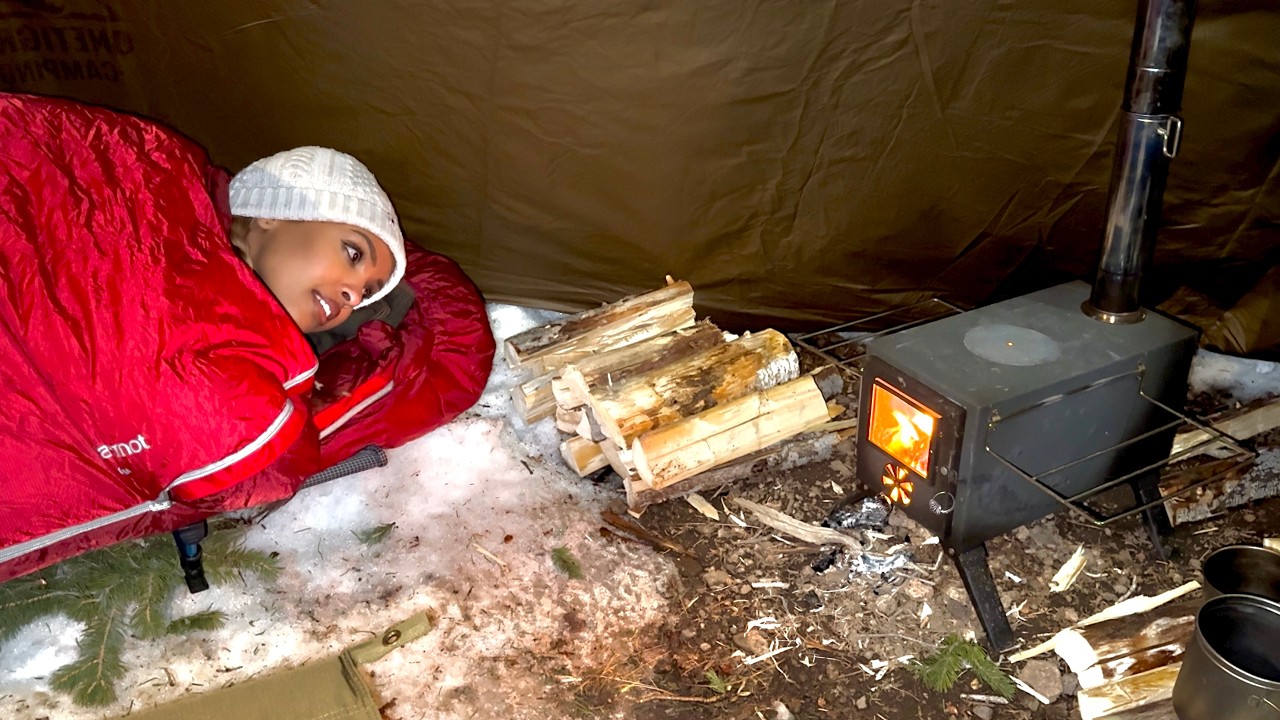 Camping in Freezing Cold Snow Storm with Wood Stove & Hot Tent